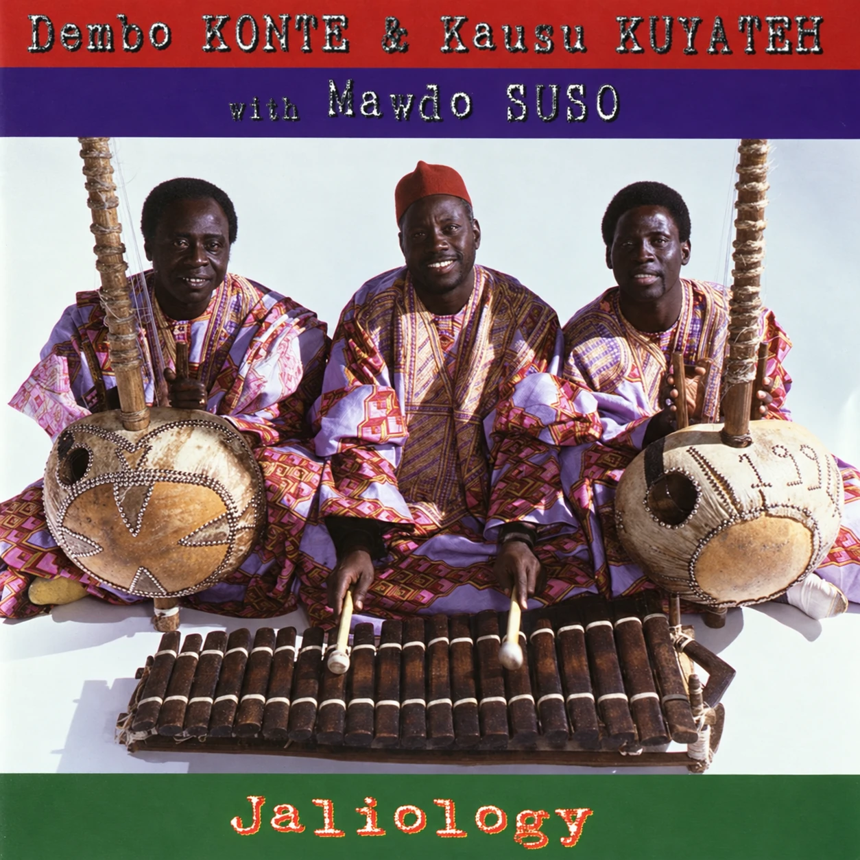 Resolution-enhanced Dembo Konte, Kausu Kuyateh and Mawdo Suso on the Jaliology record sleeve, supplied by Compass Records.