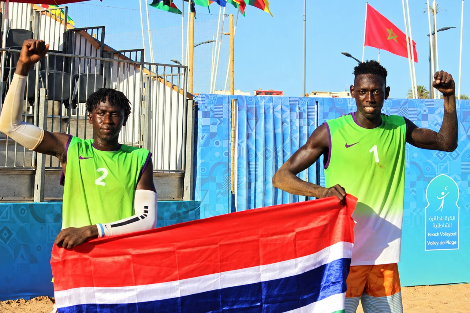 Resolution-enhanced Sainey Jawo and Mbye Babou Jarra, The Gambia’s beach-volleyball pair, photographed together.